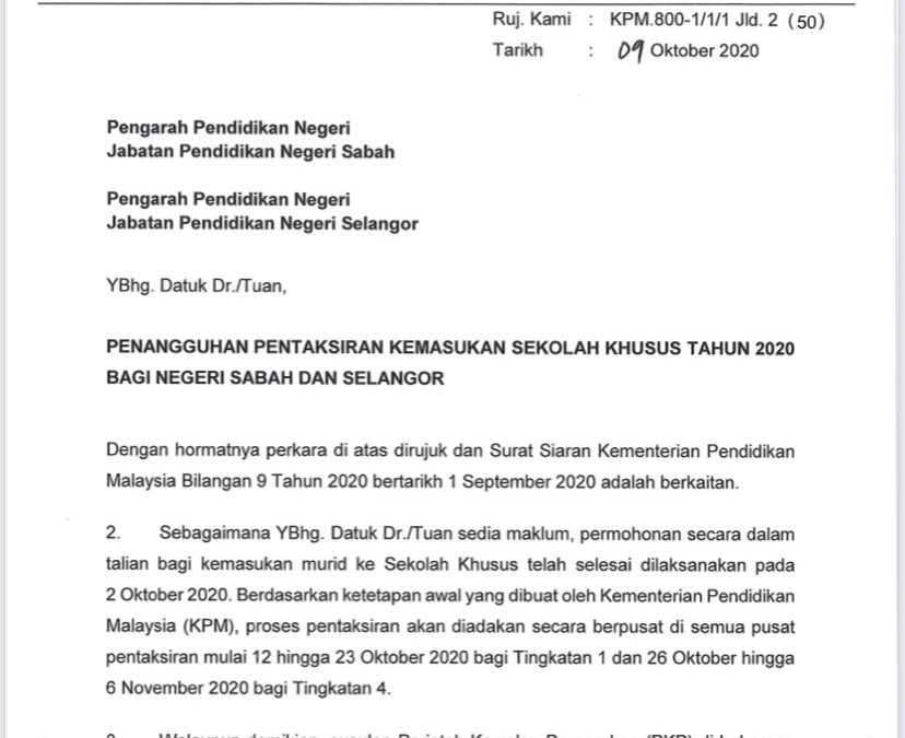 PENANGGUHAN PENTAKSIRAN KEMASUKAN SEKOLAH KHUSUS TAHUN 2020 BAGI NEGERI SABAH & SELANGOR